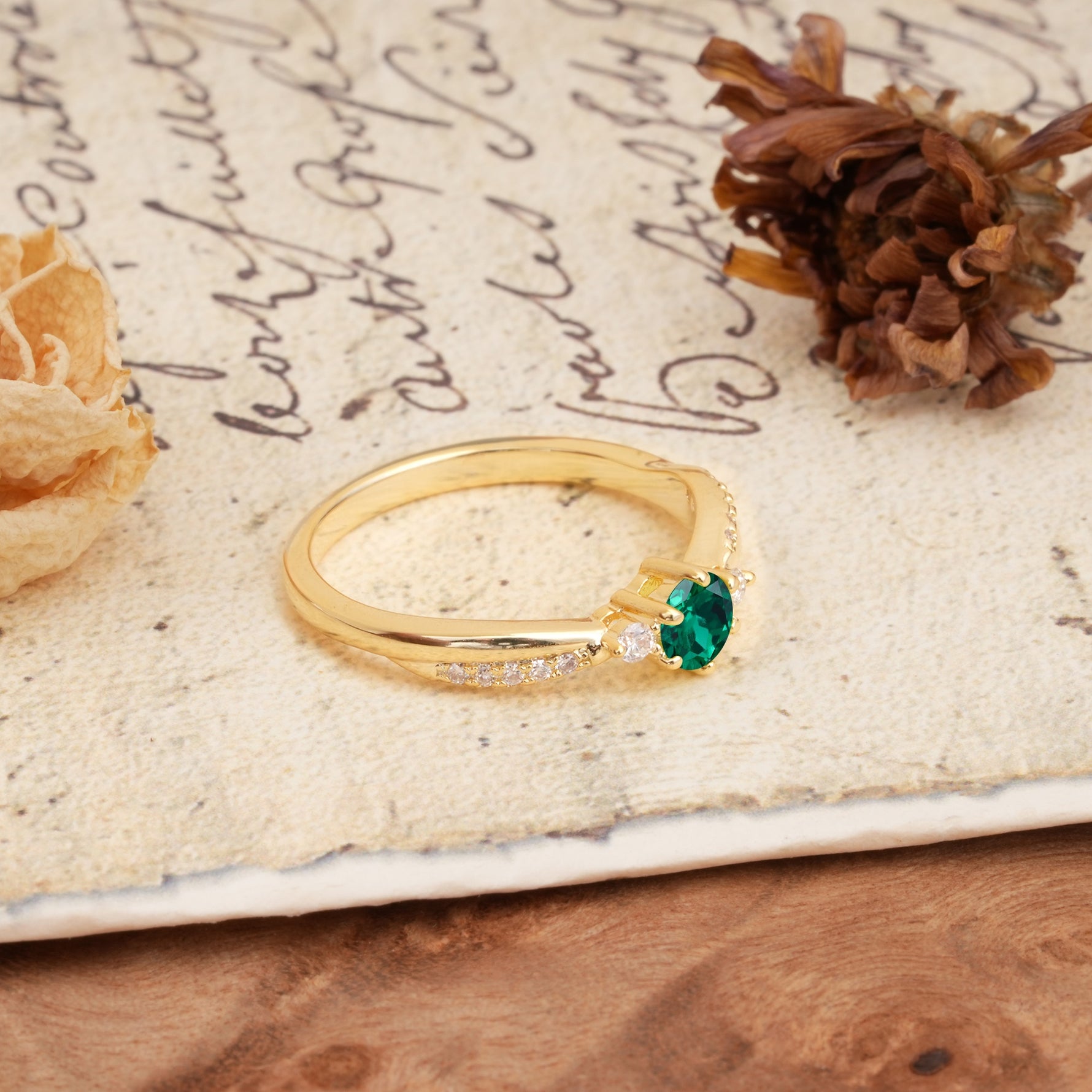 Simple 6-Prong Round Cut Emerald Side Stone Engagement Ring - Additional view
