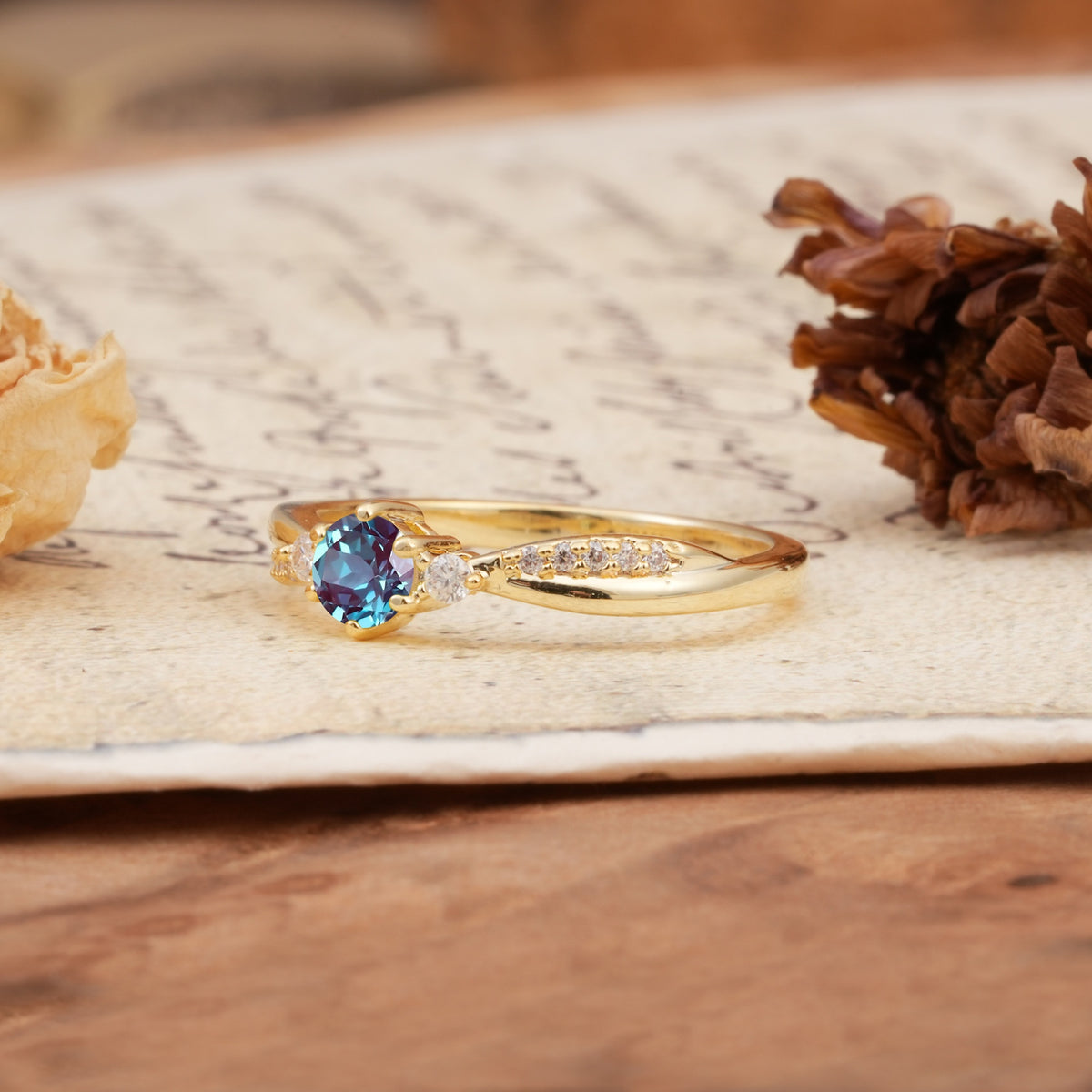 Simple 6-Prong Round Cut Alexandrite Side Stone Engagement Ring - Additional view