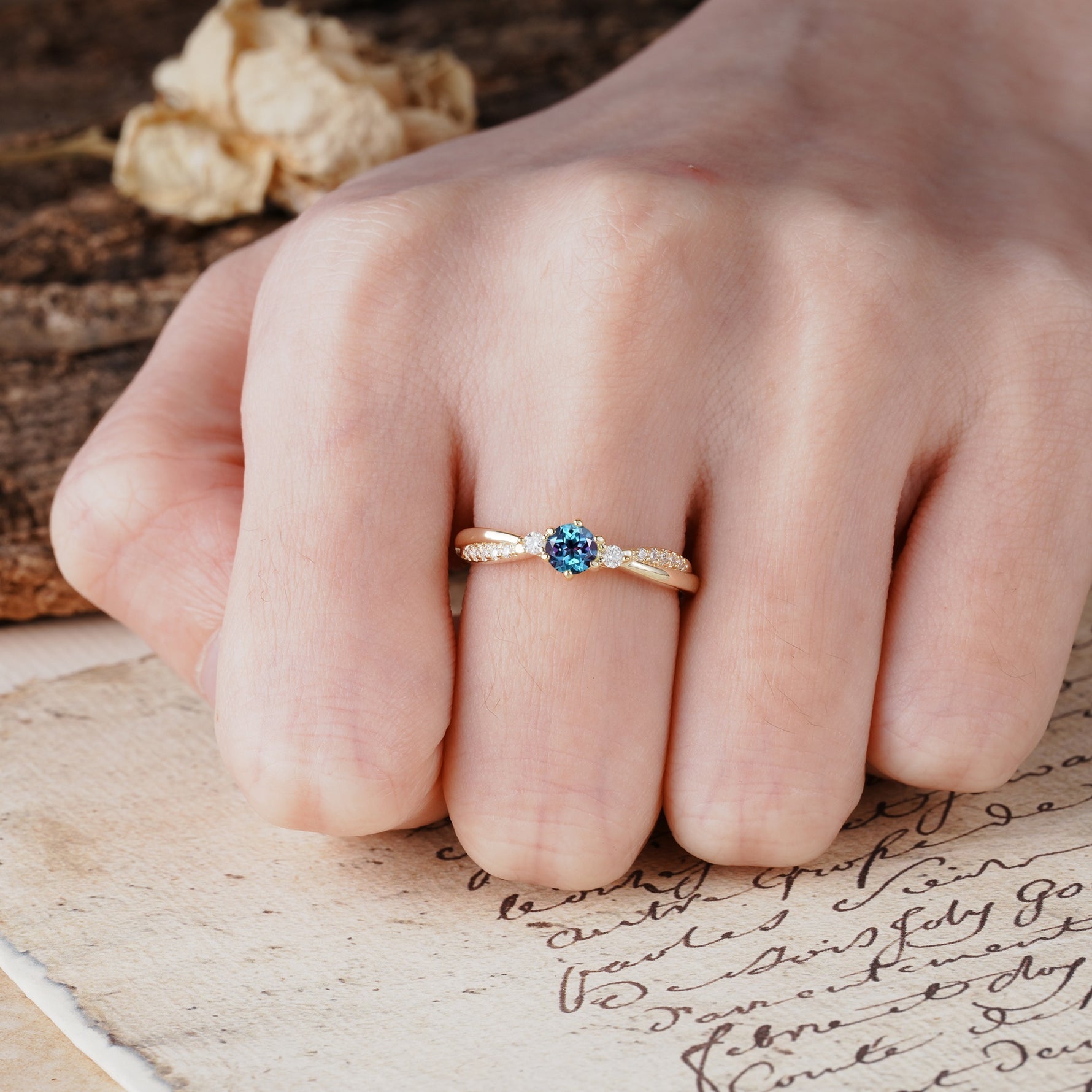 Simple 6-Prong Round Cut Alexandrite Side Stone Engagement Ring - Additional view