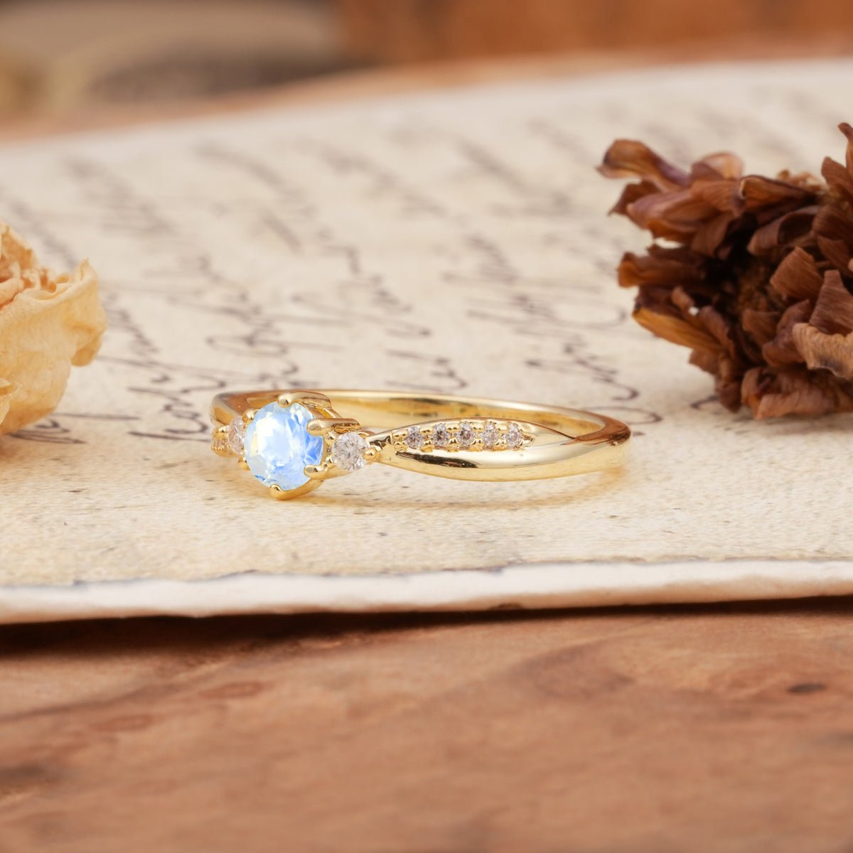 Simple 6-Prong Round Cut Moonstone Side Stone Engagement Ring - Additional view