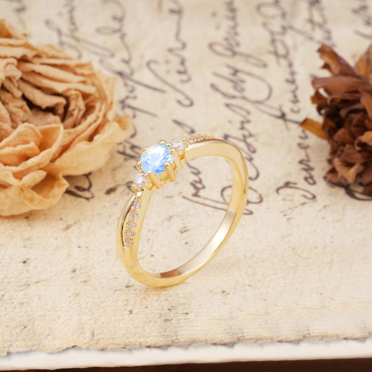 Simple 6-Prong Round Cut Moonstone Side Stone Engagement Ring - Additional view