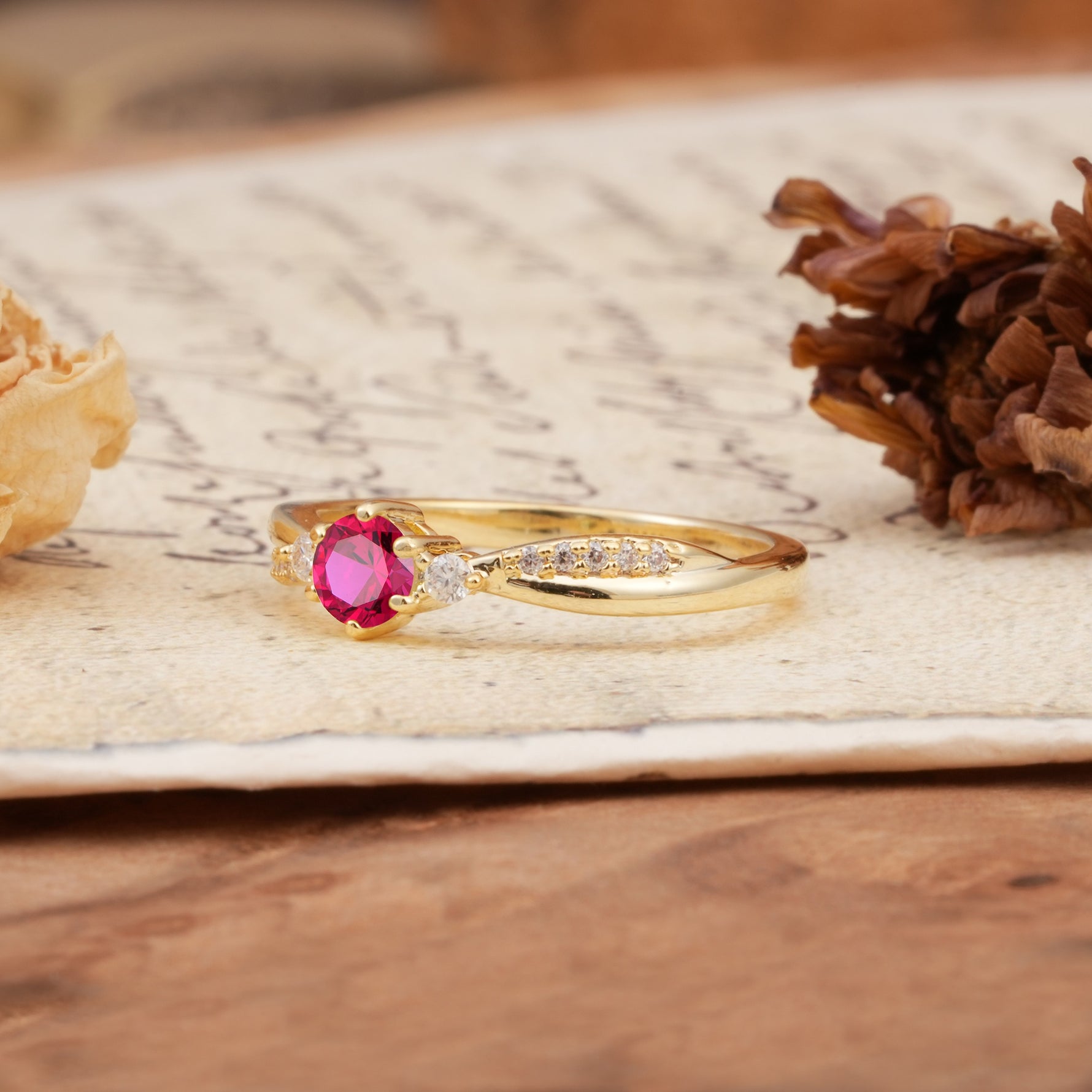 Simple 6-Prong Round Cut Ruby Side Stone Engagement Ring - Additional view