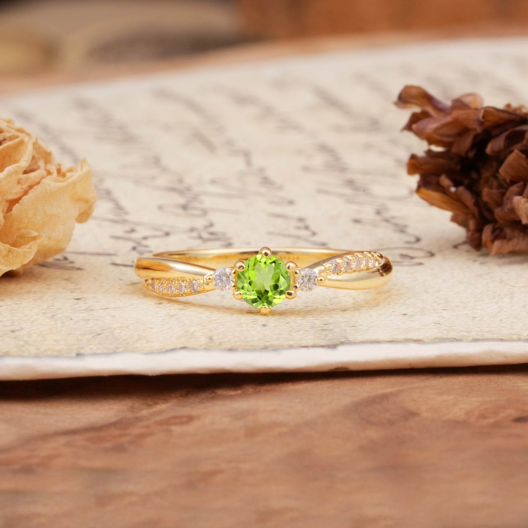 Simple 6-Prong Round Cut Peridot Side Stone Engagement Ring - Additional view