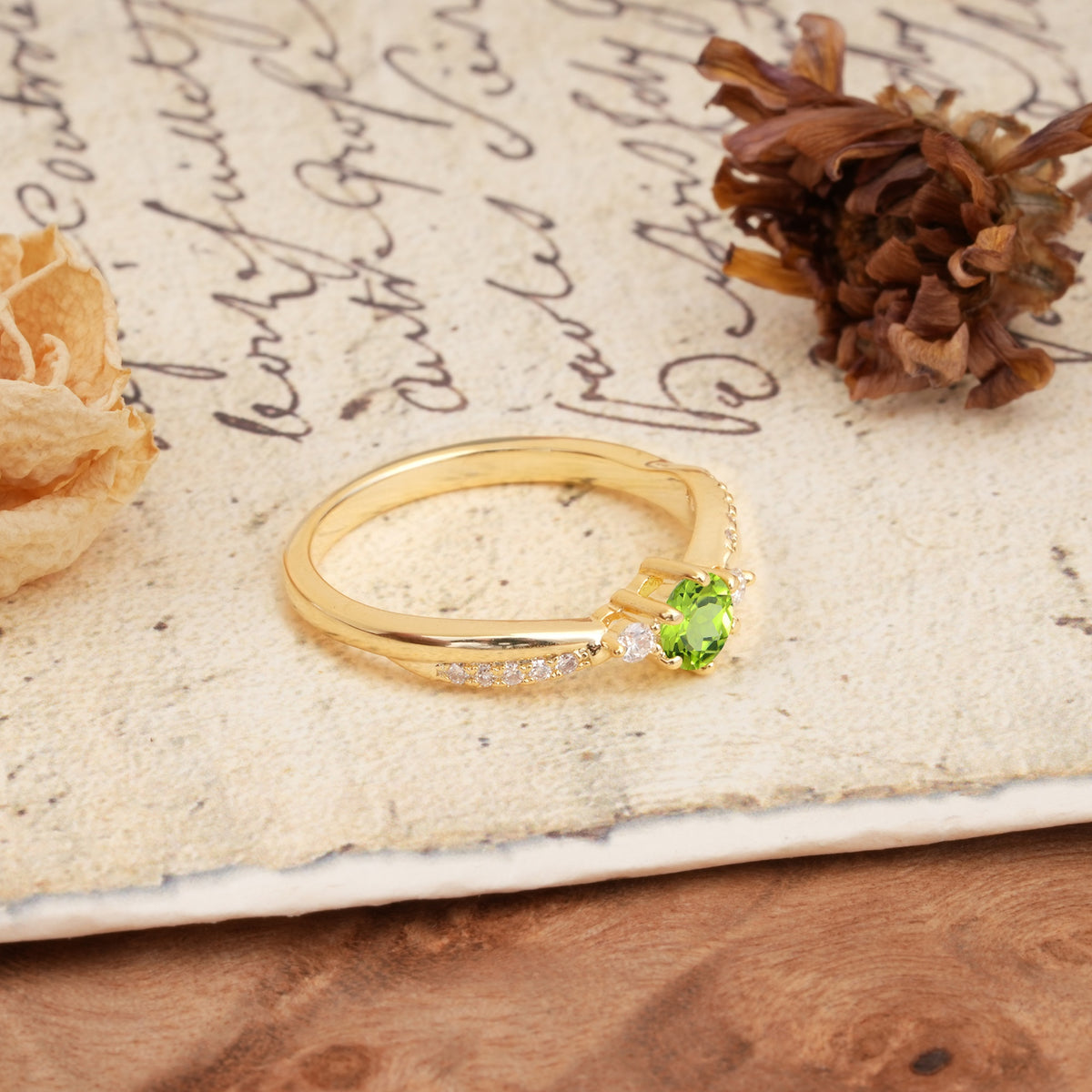 Simple 6-Prong Round Cut Peridot Side Stone Engagement Ring - Additional view