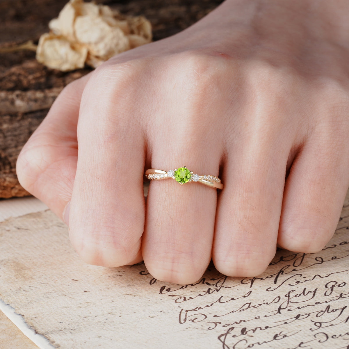 Simple 6-Prong Round Cut Peridot Side Stone Engagement Ring - Additional view