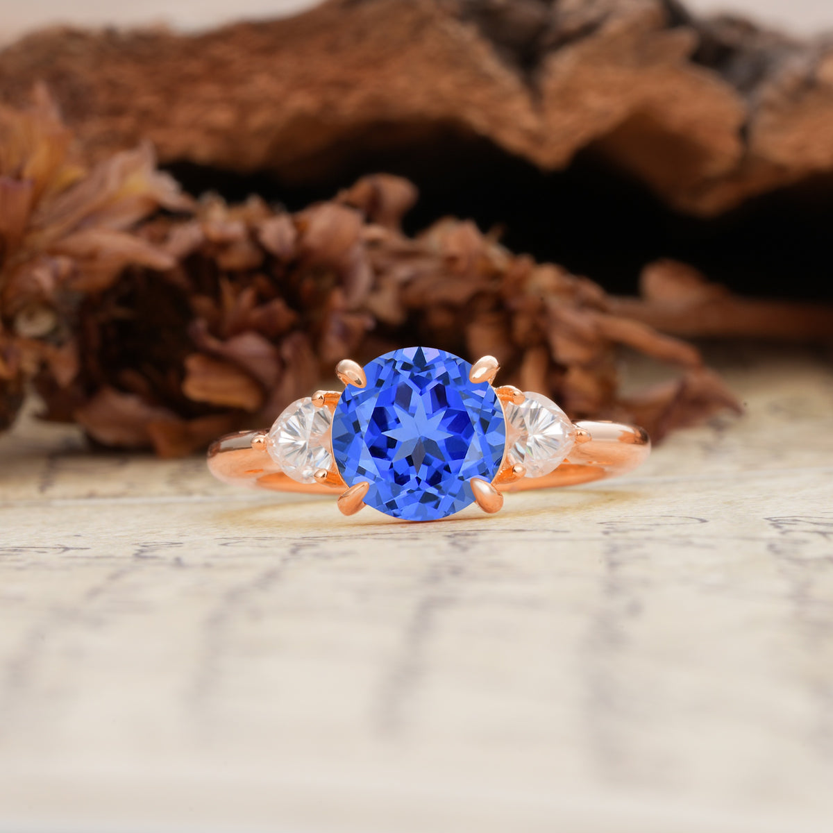 Minimalist 4-Prong Round Cut Sapphire Three Stones Wedding Ring - Additional view