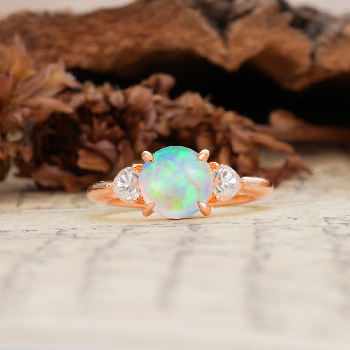 Minimalist 4-Prong Round Cut Fire Opal Three Stones Wedding Ring - Additional view