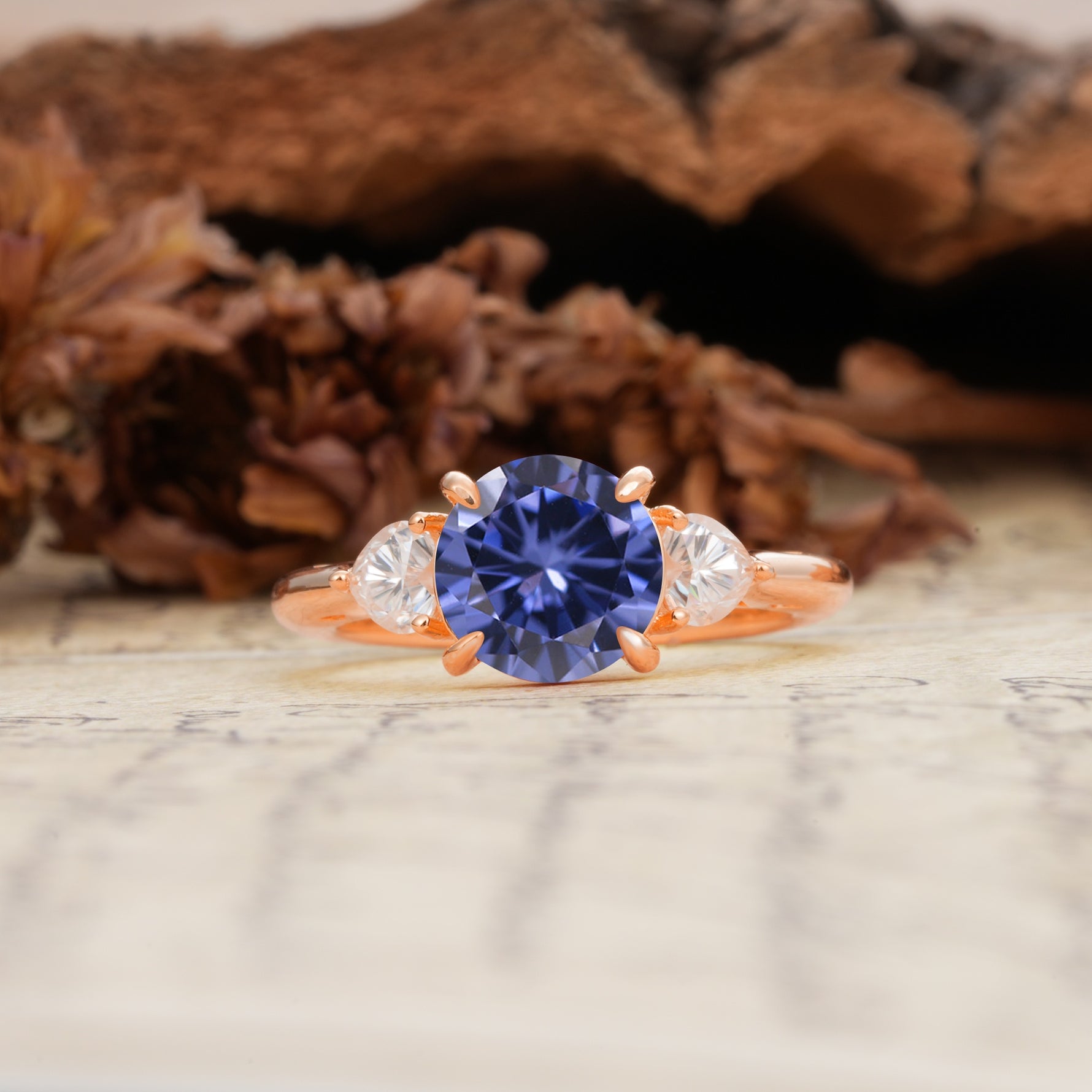 Minimalist 4-Prong Round Cut Tanzanite Three Stones Wedding Ring - Additional view