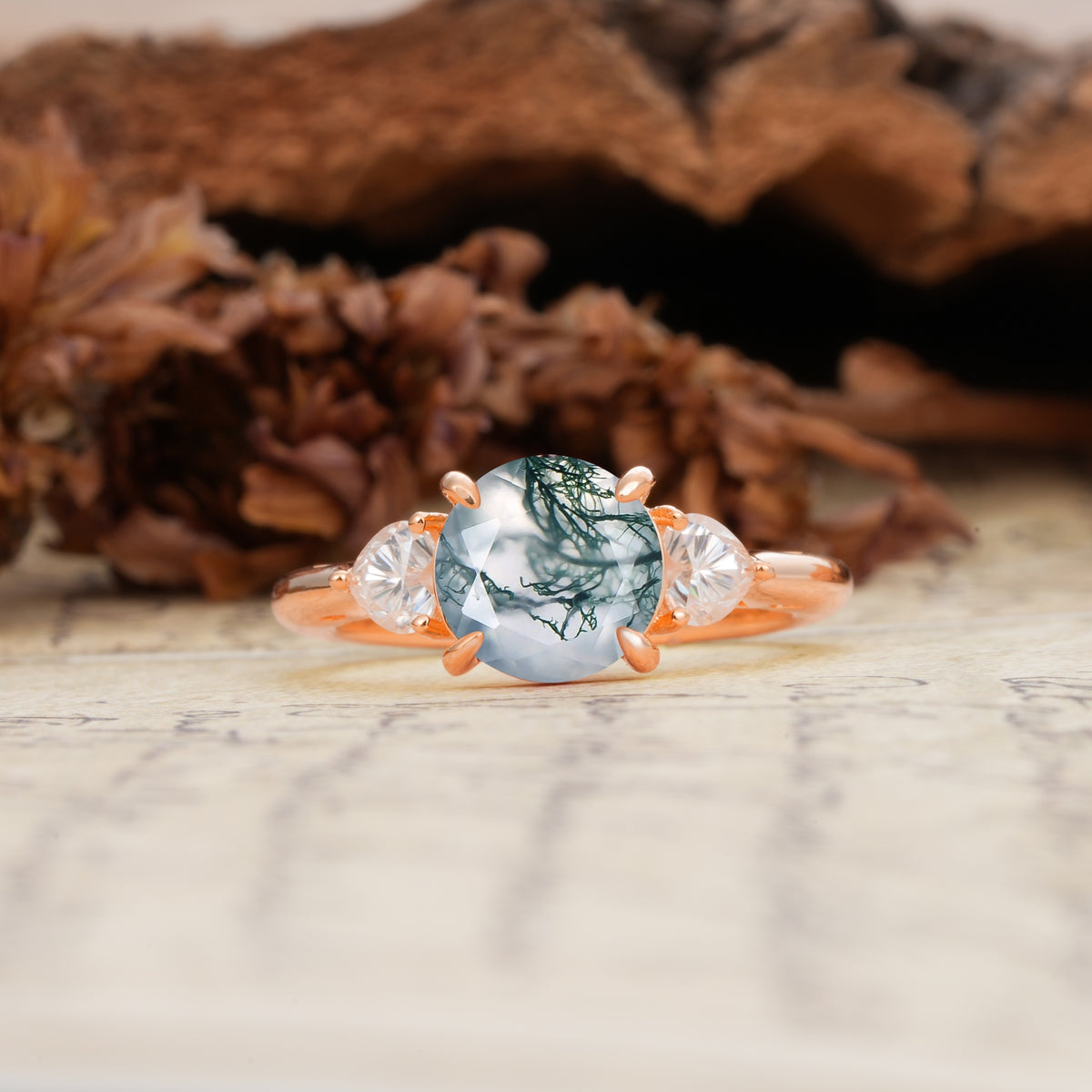 Minimalist 4-Prong Round Cut Moss Agate Three Stones Wedding Ring - Additional view