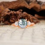 Minimalist 4-Prong Round Cut Moss Agate Three Stones Wedding Ring - Additional view