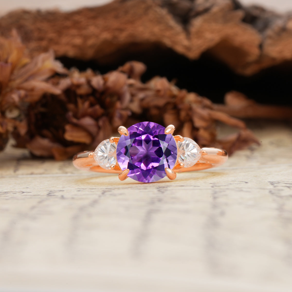 Minimalist 4-Prong Round Cut Amethyst Three Stones Wedding Ring - Additional view