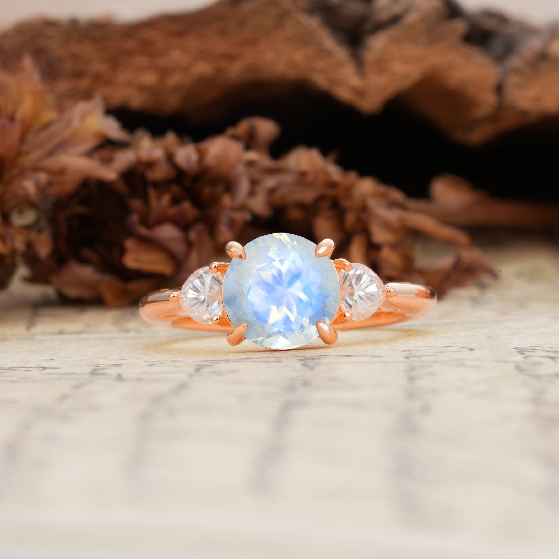 Minimalist 4-Prong Round Cut Moonstone Three Stones Wedding Ring - Additional view