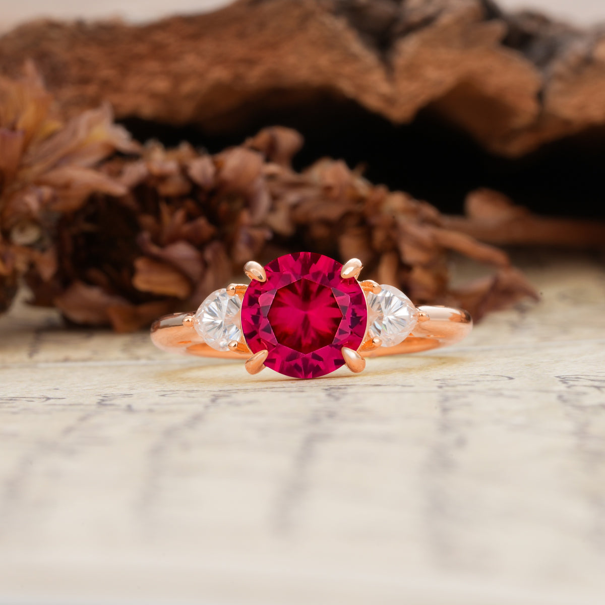 Minimalist 4-Prong Round Cut Ruby Three Stones Wedding Ring - Additional view
