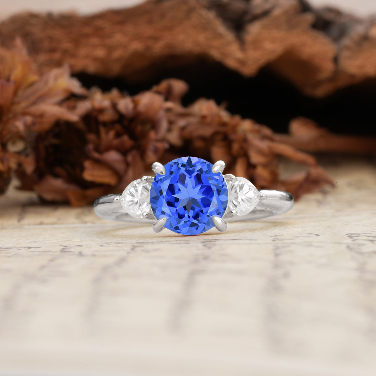 Minimalist 4-Prong Round Cut Sapphire Three Stones Wedding Ring - Additional view