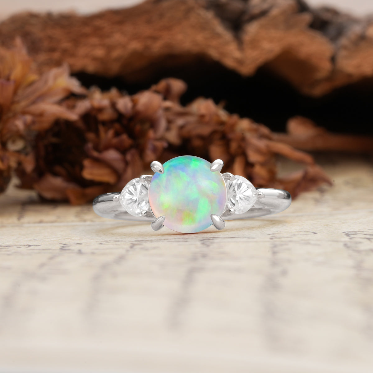 Minimalist 4-Prong Round Cut Fire Opal Three Stones Wedding Ring - Additional view