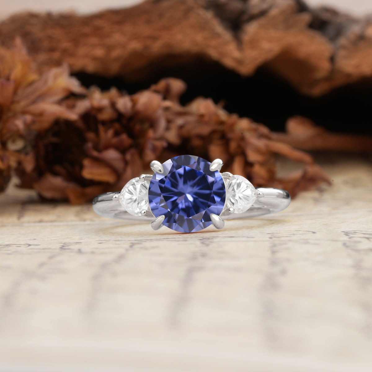 Minimalist 4-Prong Round Cut Tanzanite Three Stones Wedding Ring - Additional view