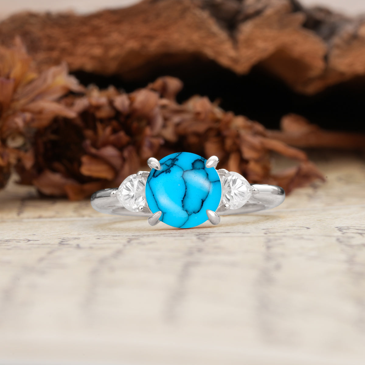 Minimalist 4-Prong Round Cut Turquoise Three Stones Wedding Ring - Additional view