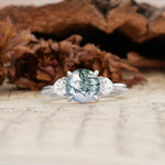Minimalist 4-Prong Round Cut Moss Agate Three Stones Wedding Ring - Additional view