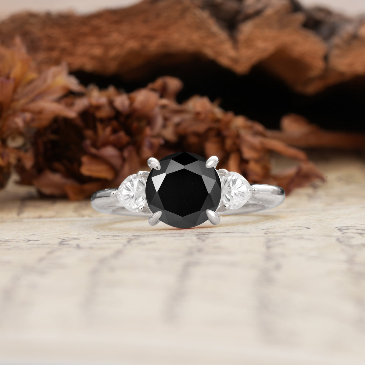 Minimalist 4-Prong Round Cut Black Onyx Three Stones Wedding Ring - Additional view