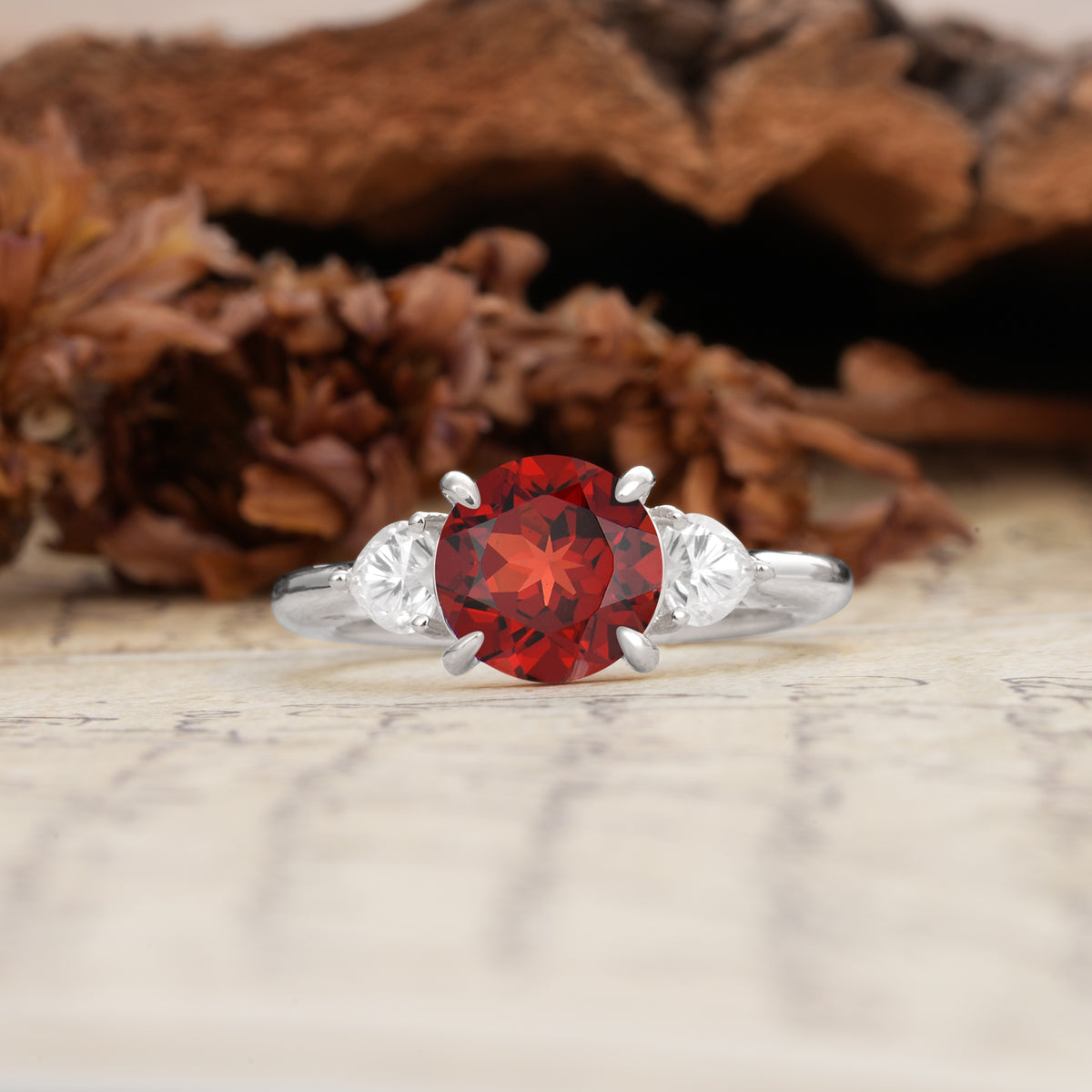 Minimalist 4-Prong Round Cut Garnet Three Stones Wedding Ring - Additional view