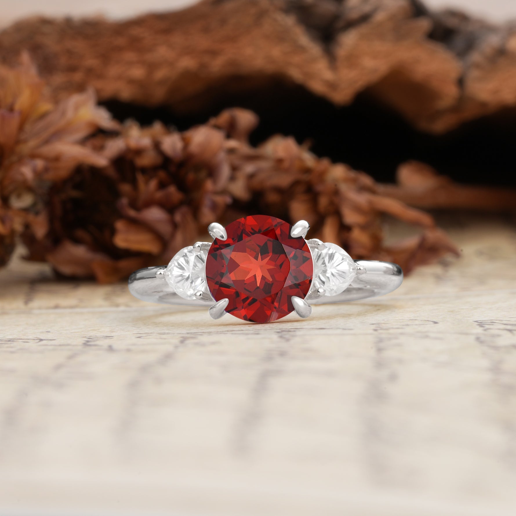 Minimalist 4-Prong Round Cut Garnet Three Stones Wedding Ring - Additional view