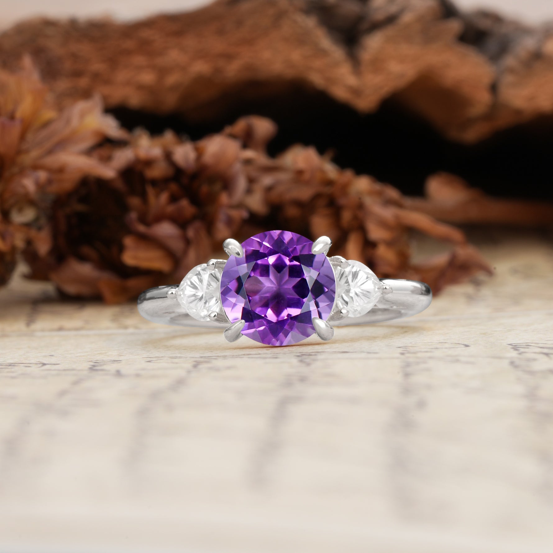 Minimalist 4-Prong Round Cut Amethyst Three Stones Wedding Ring - Additional view