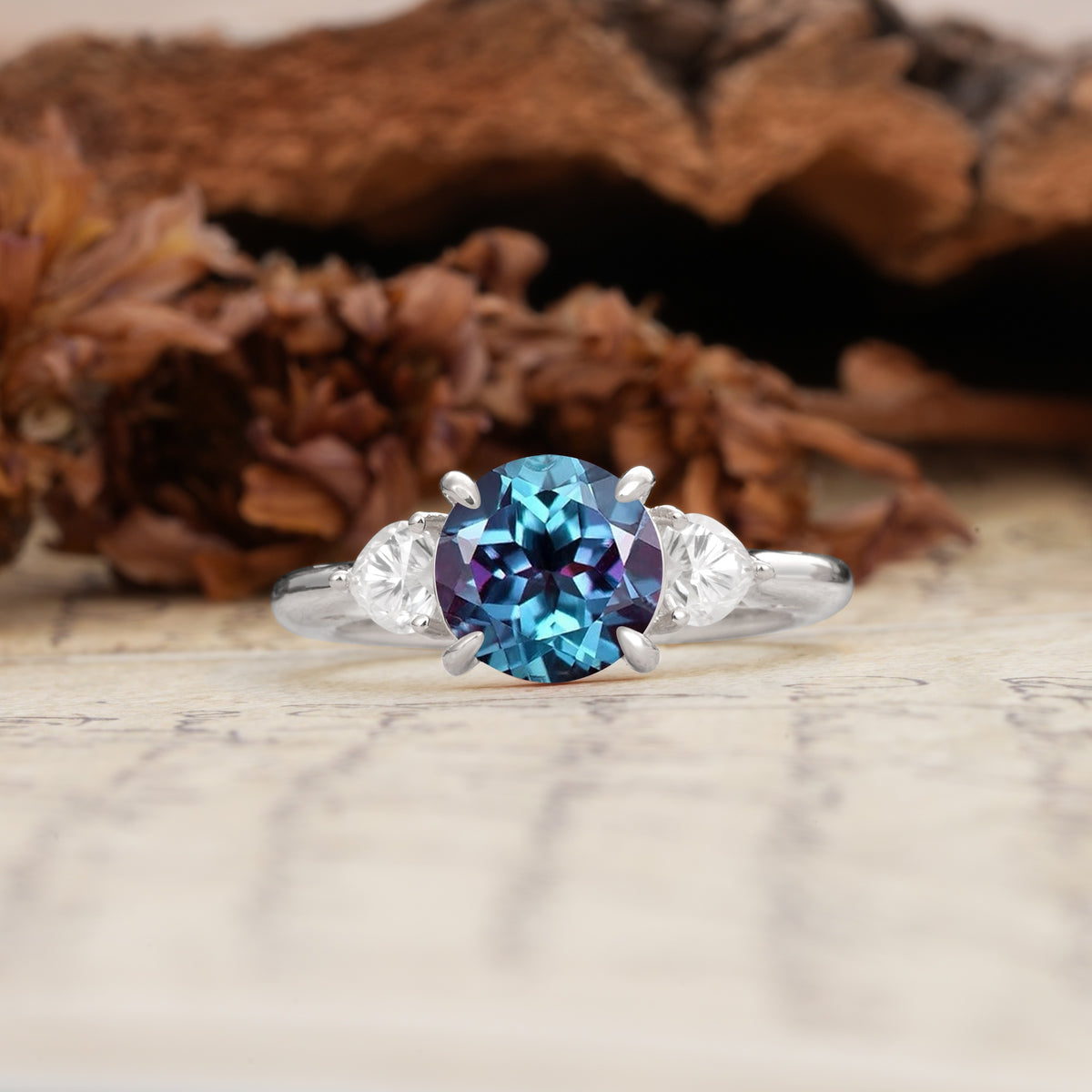 Minimalist 4-Prong Round Cut Alexandrite Three Stones Wedding Ring - Additional view