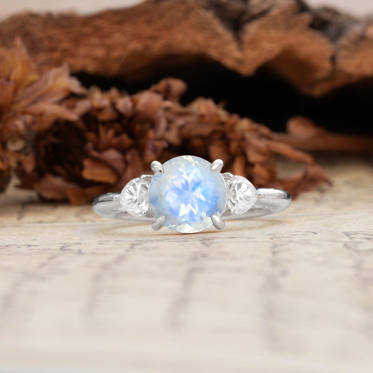 Minimalist 4-Prong Round Cut Moonstone Three Stones Wedding Ring - Additional view