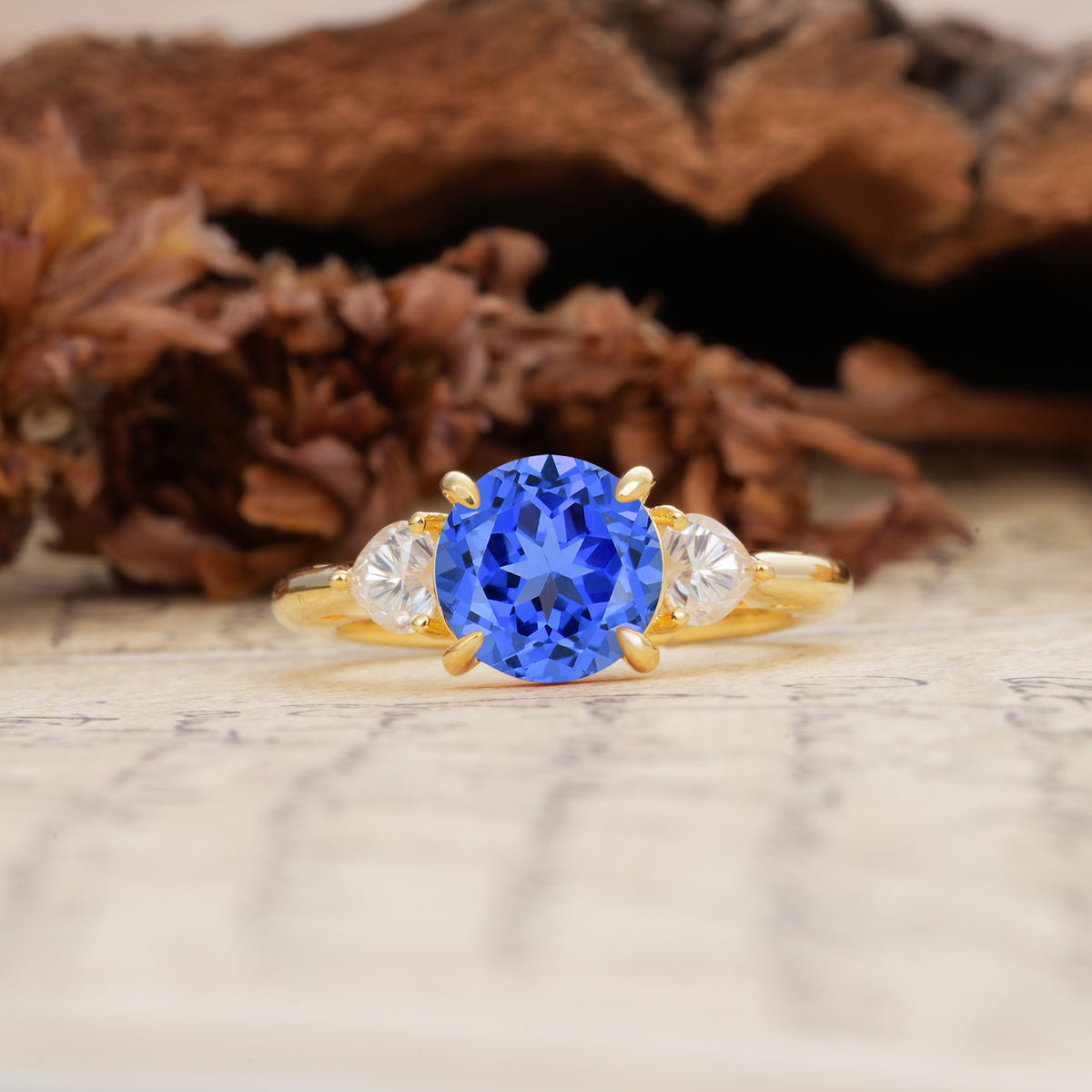 Minimalist 4-Prong Round Cut Sapphire Three Stones Wedding Ring - Additional view