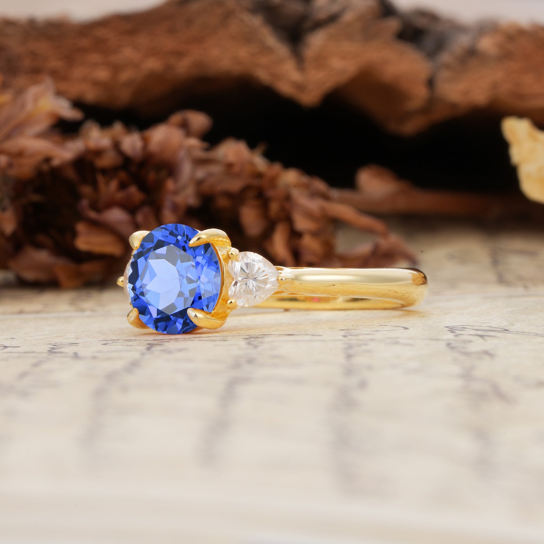 Minimalist 4-Prong Round Cut Sapphire Three Stones Wedding Ring - Additional view
