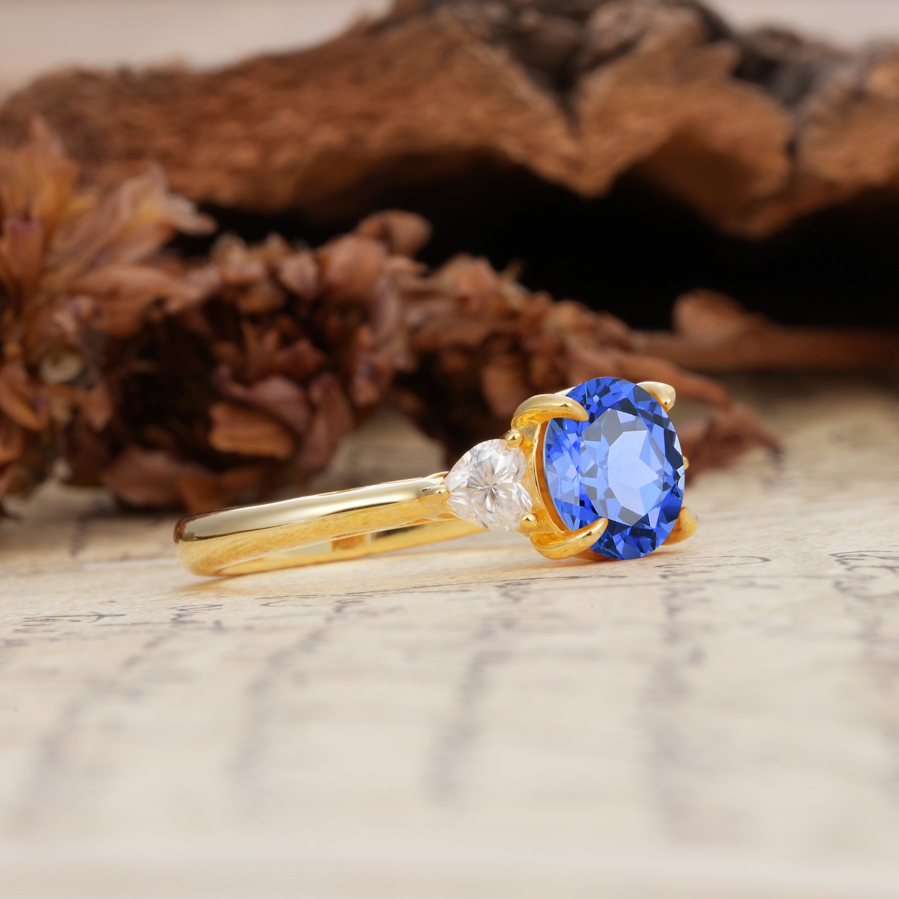 Minimalist 4-Prong Round Cut Sapphire Three Stones Wedding Ring - Additional view