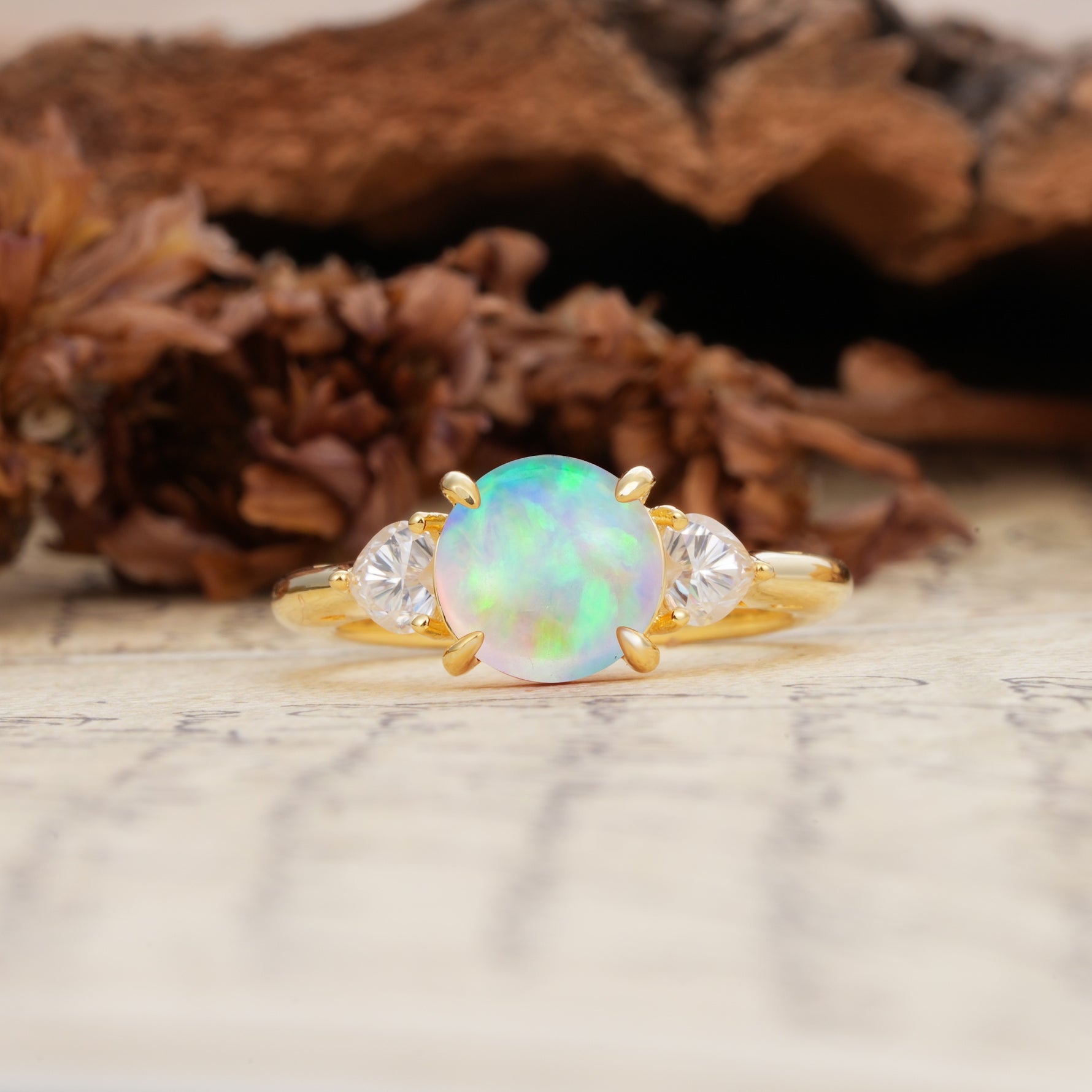Minimalist 4-Prong Round Cut Fire Opal Three Stones Wedding Ring - Additional view