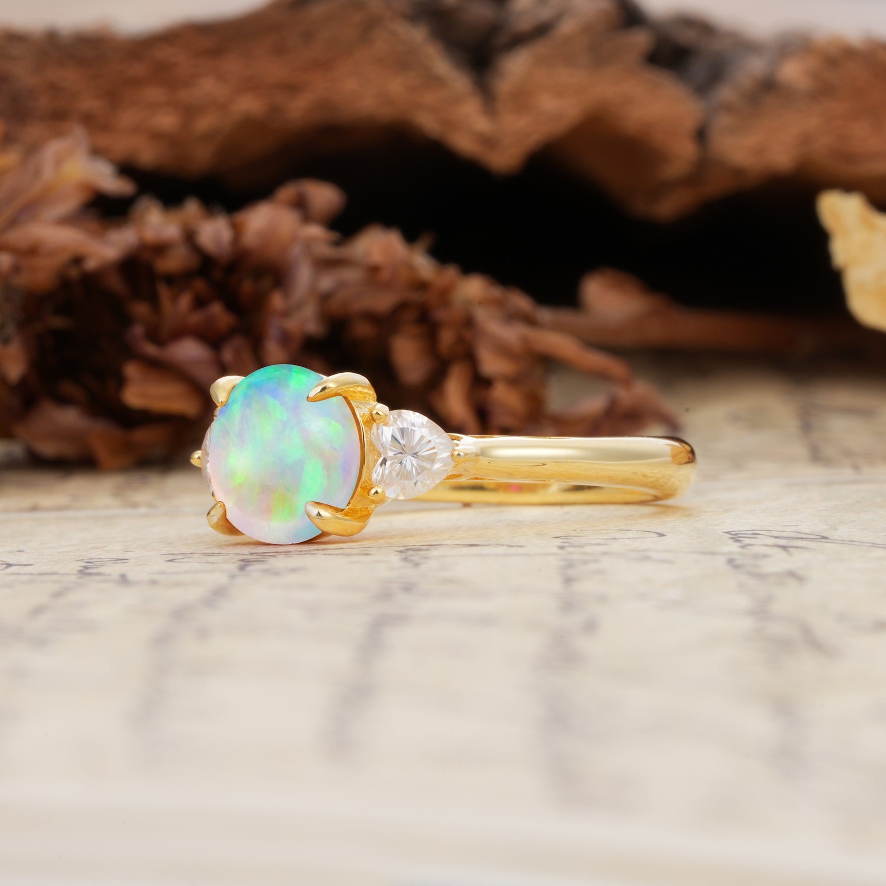 Minimalist 4-Prong Round Cut Fire Opal Three Stones Wedding Ring - Additional view