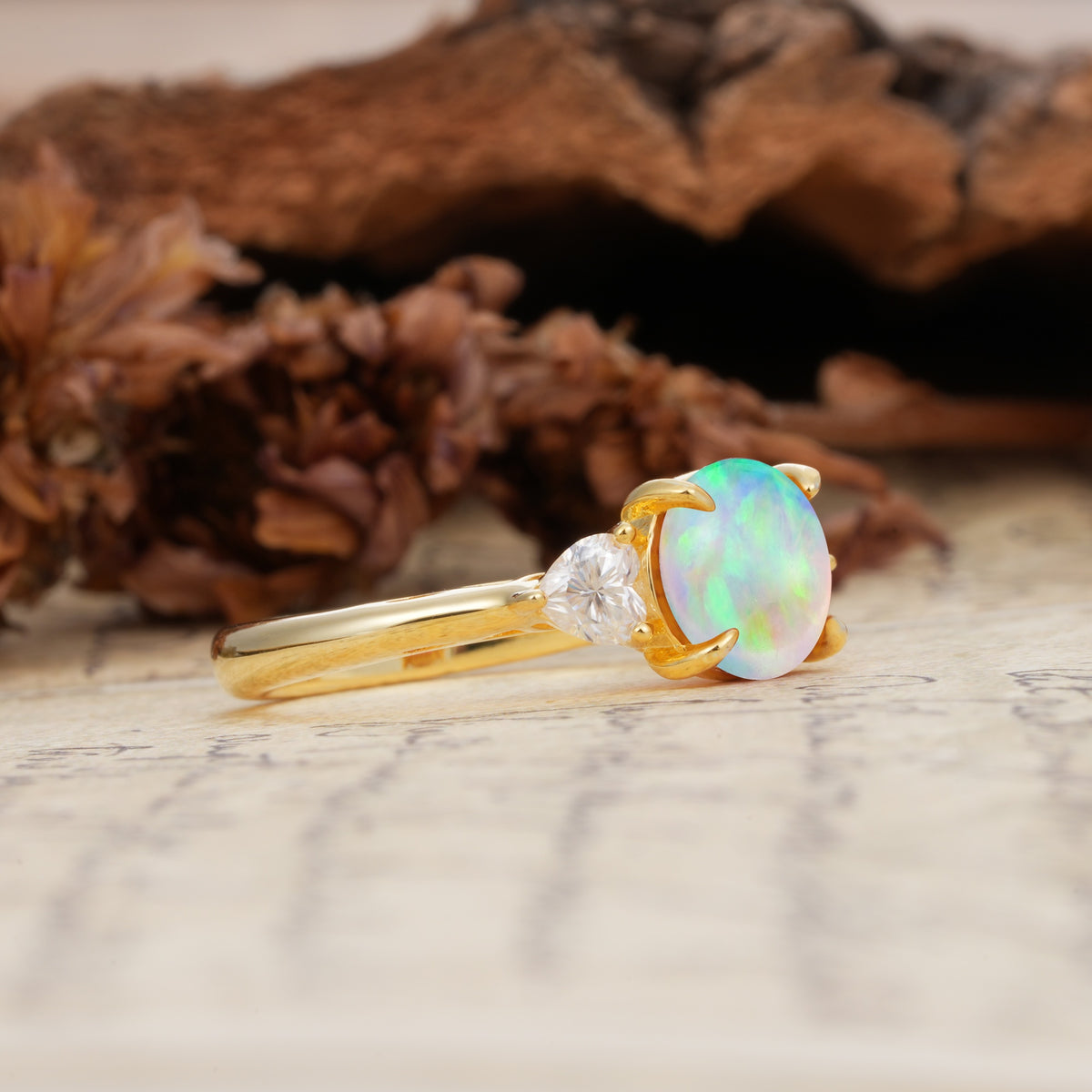 Minimalist 4-Prong Round Cut Fire Opal Three Stones Wedding Ring - Additional view