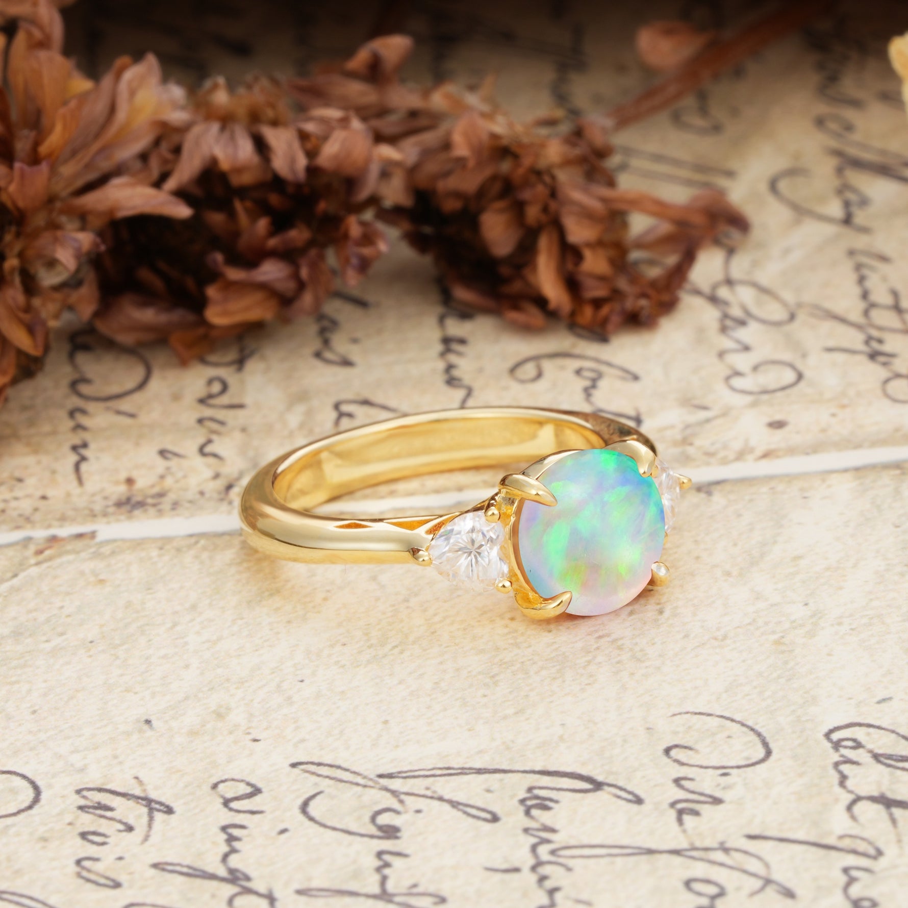 Minimalist 4-Prong Round Cut Fire Opal Three Stones Wedding Ring - Additional view