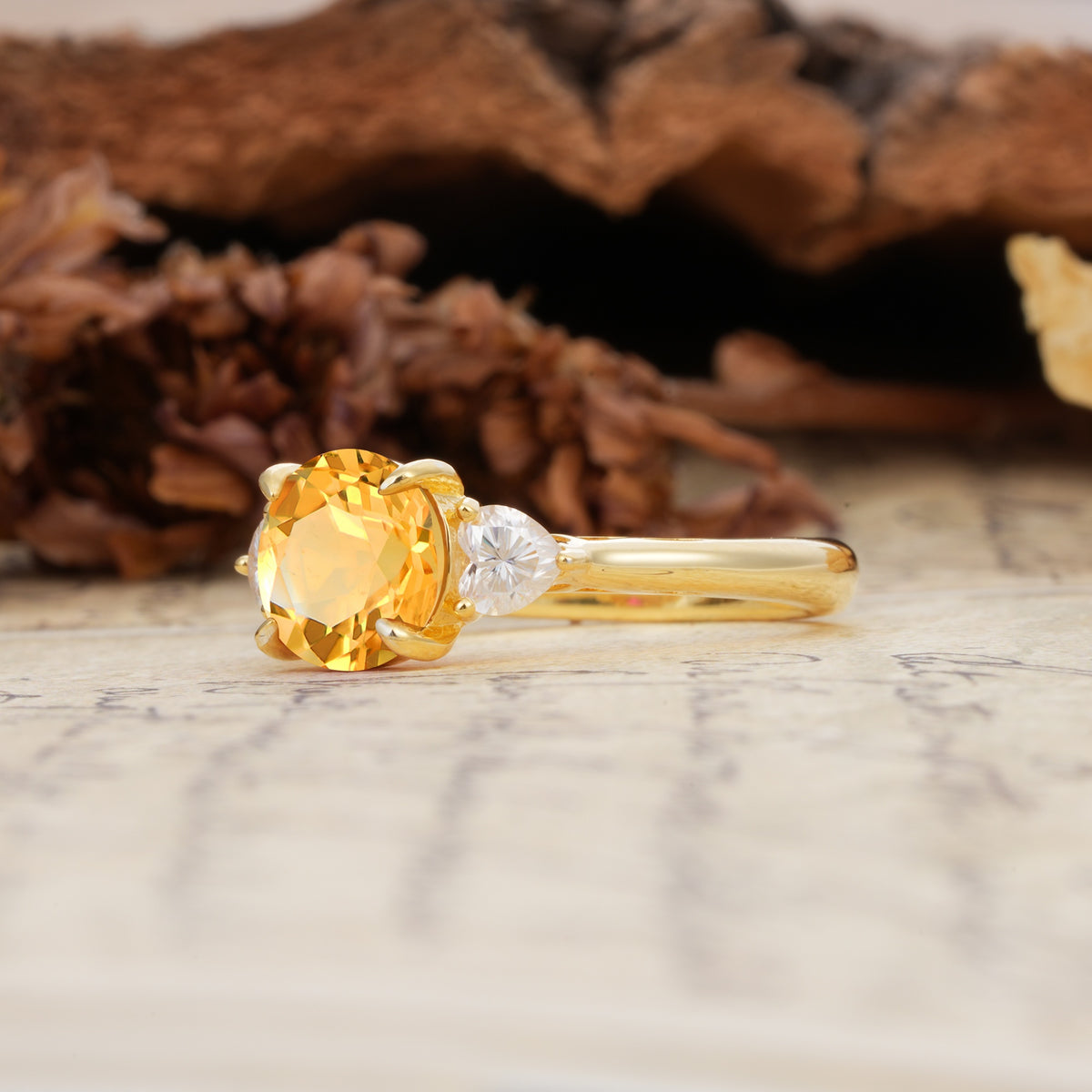 Minimalist 4-Prong Round Cut Citrine Three Stones Wedding Ring - Additional view