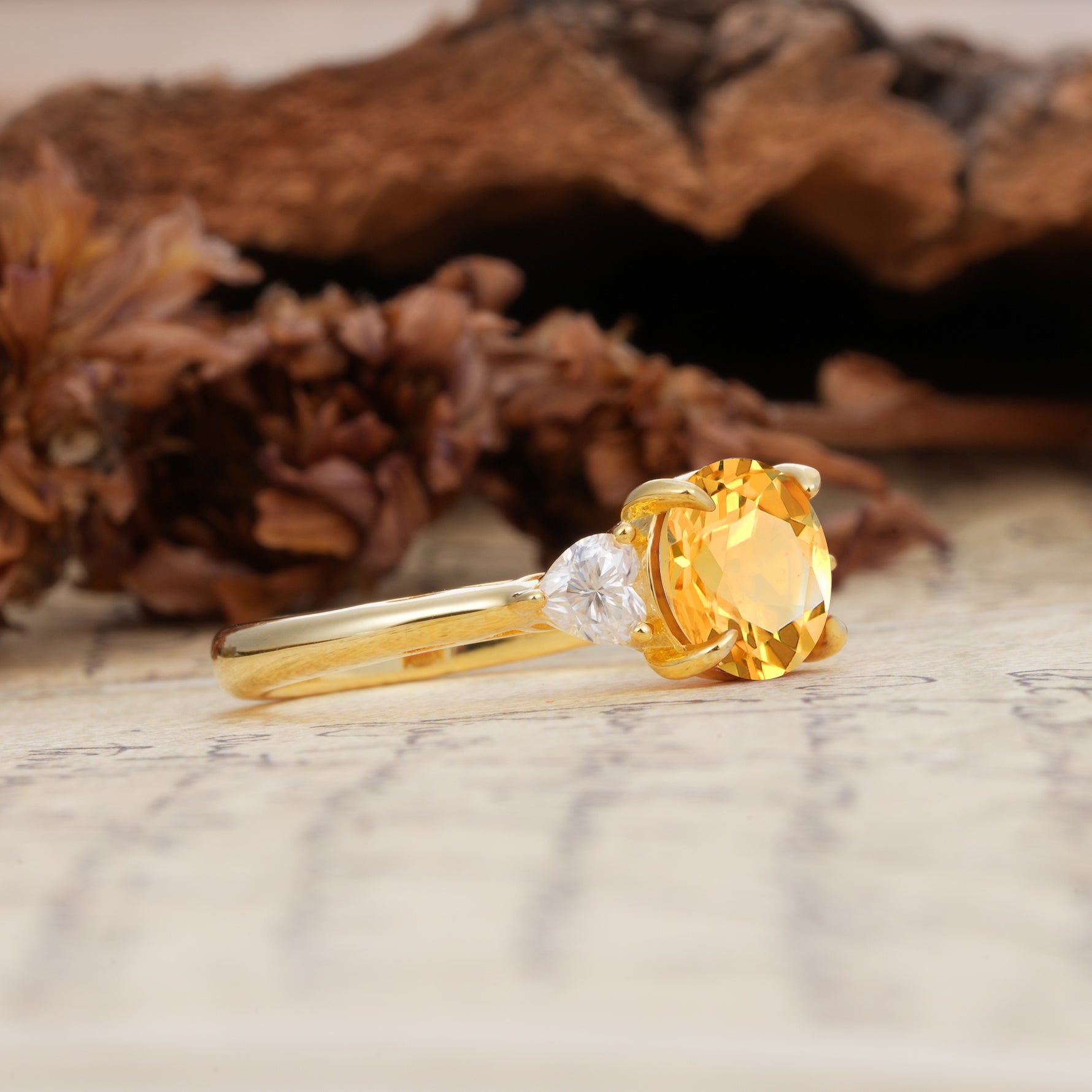 Minimalist 4-Prong Round Cut Citrine Three Stones Wedding Ring - Additional view