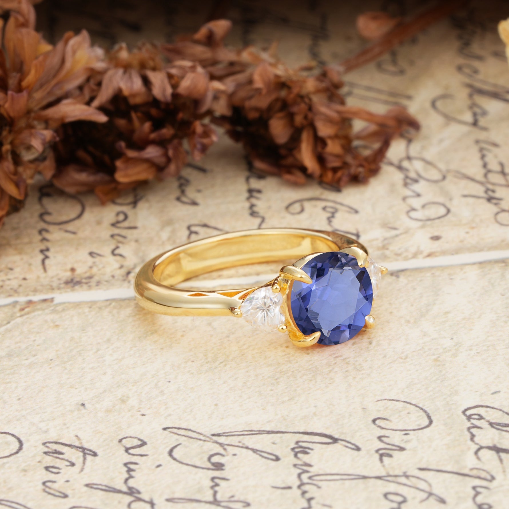 Minimalist 4-Prong Round Cut Tanzanite Three Stones Wedding Ring - Additional view
