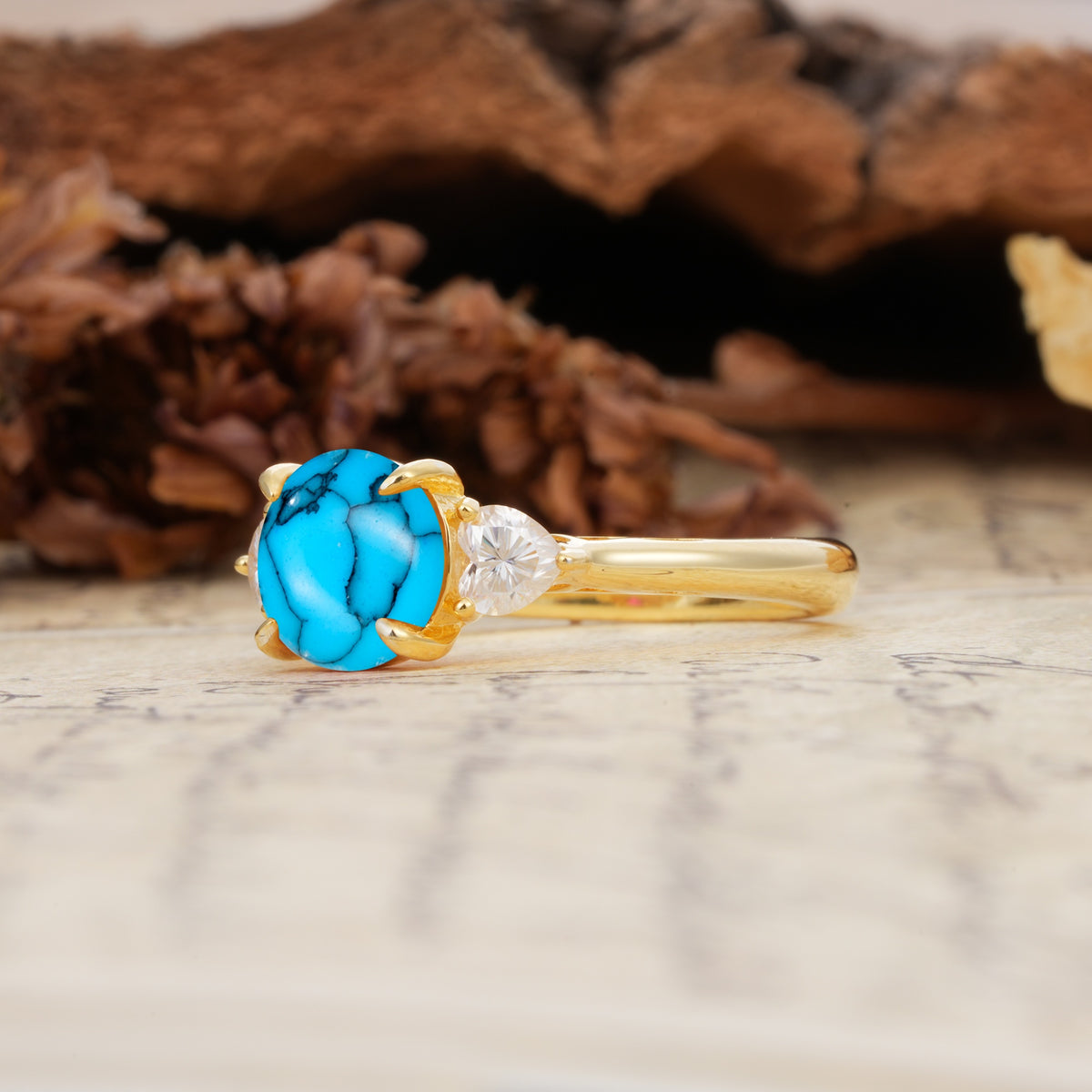 Minimalist 4-Prong Round Cut Turquoise Three Stones Wedding Ring - Additional view