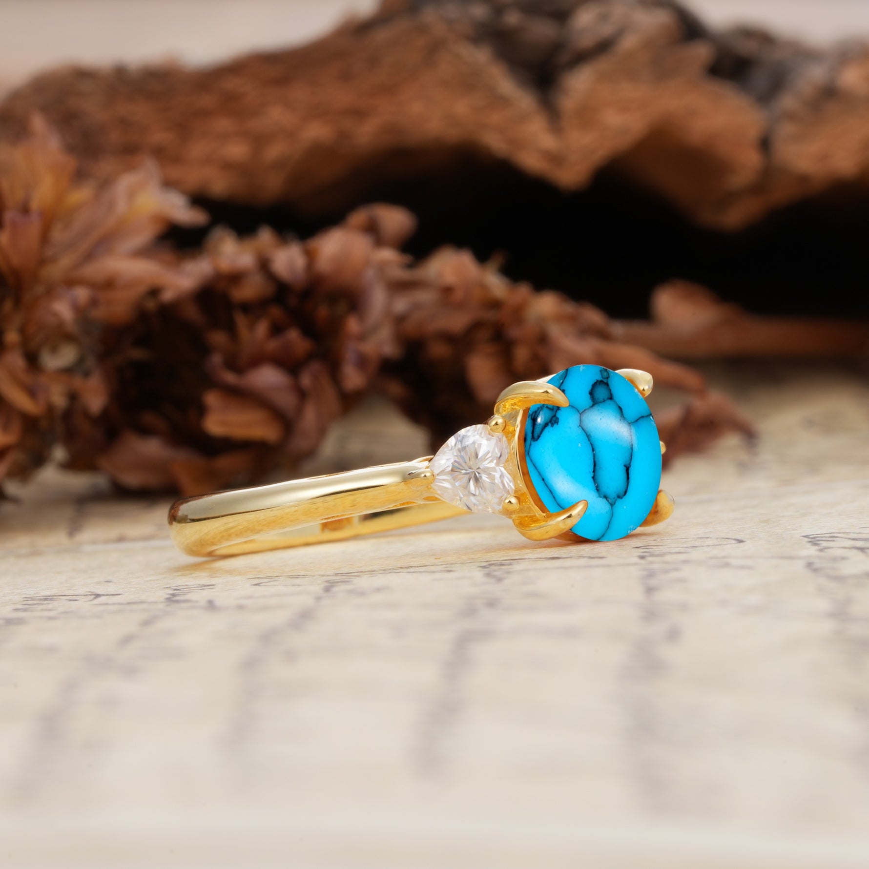 Minimalist 4-Prong Round Cut Turquoise Three Stones Wedding Ring - Additional view