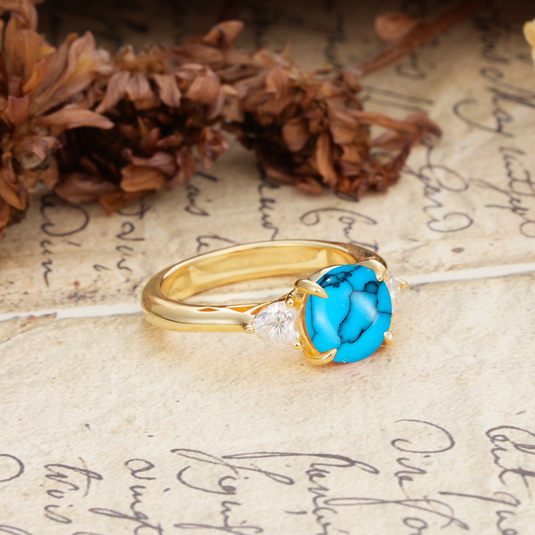 Minimalist 4-Prong Round Cut Turquoise Three Stones Wedding Ring - Additional view