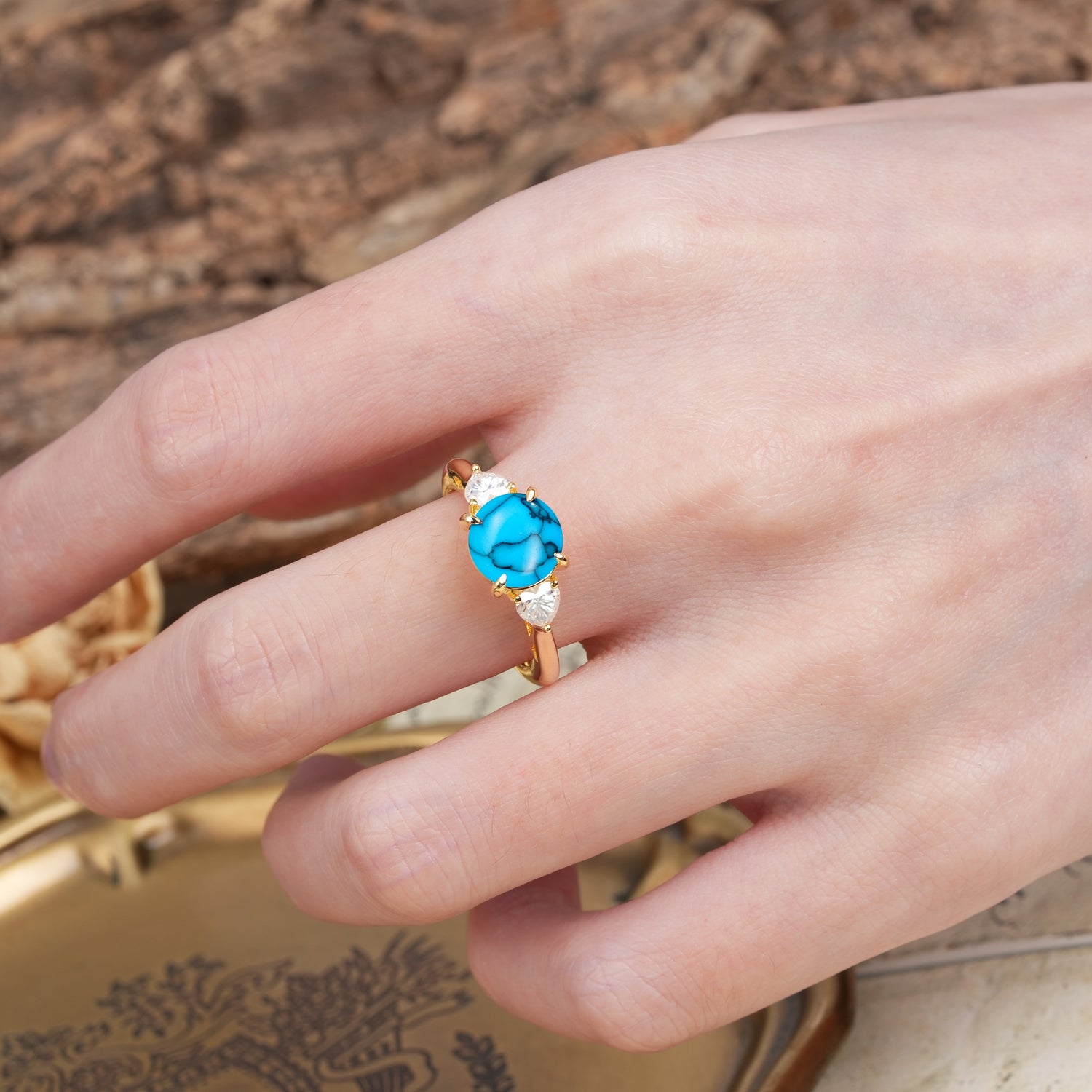 Minimalist 4-Prong Round Cut Turquoise Three Stones Wedding Ring - Additional view