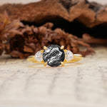 Minimalist 4-Prong Round Cut Black Rutilated Quartz Three Stones Wedding Ring - Additional view