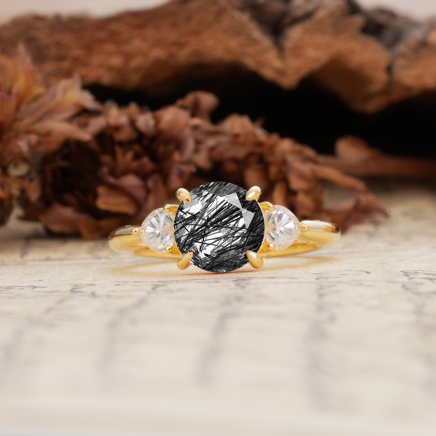 Minimalist 4-Prong Round Cut Black Rutilated Quartz Three Stones Wedding Ring - Additional view