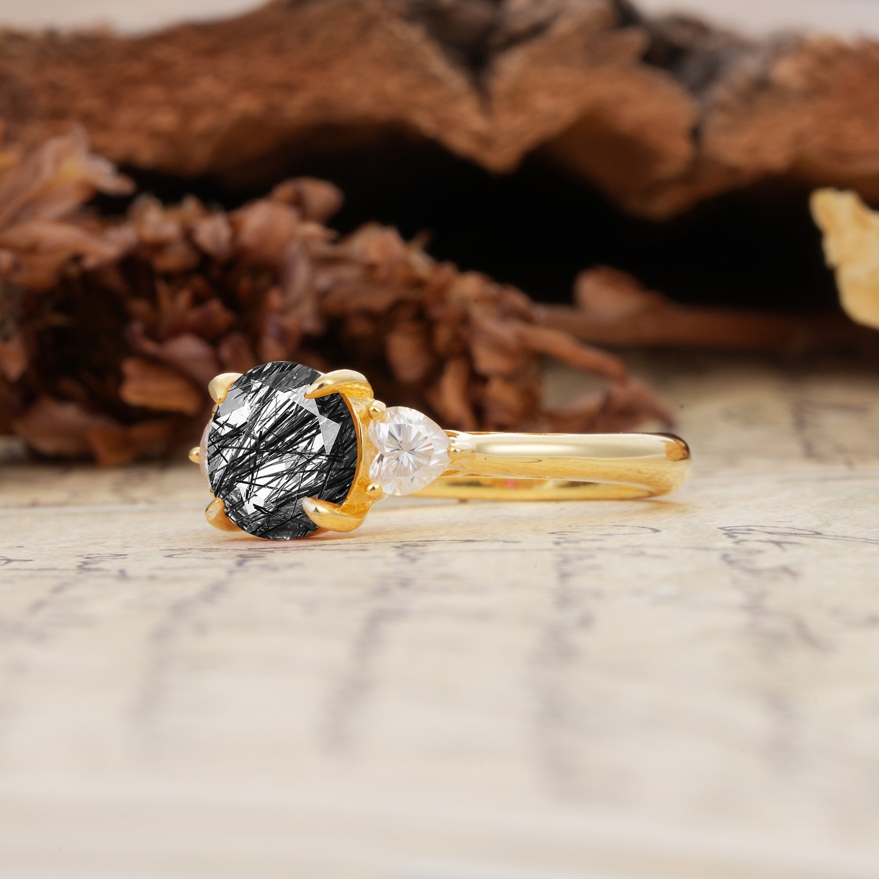 Minimalist 4-Prong Round Cut Black Rutilated Quartz Three Stones Wedding Ring - Additional view