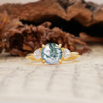 Minimalist 4-Prong Round Cut Moss Agate Three Stones Wedding Ring - Additional view