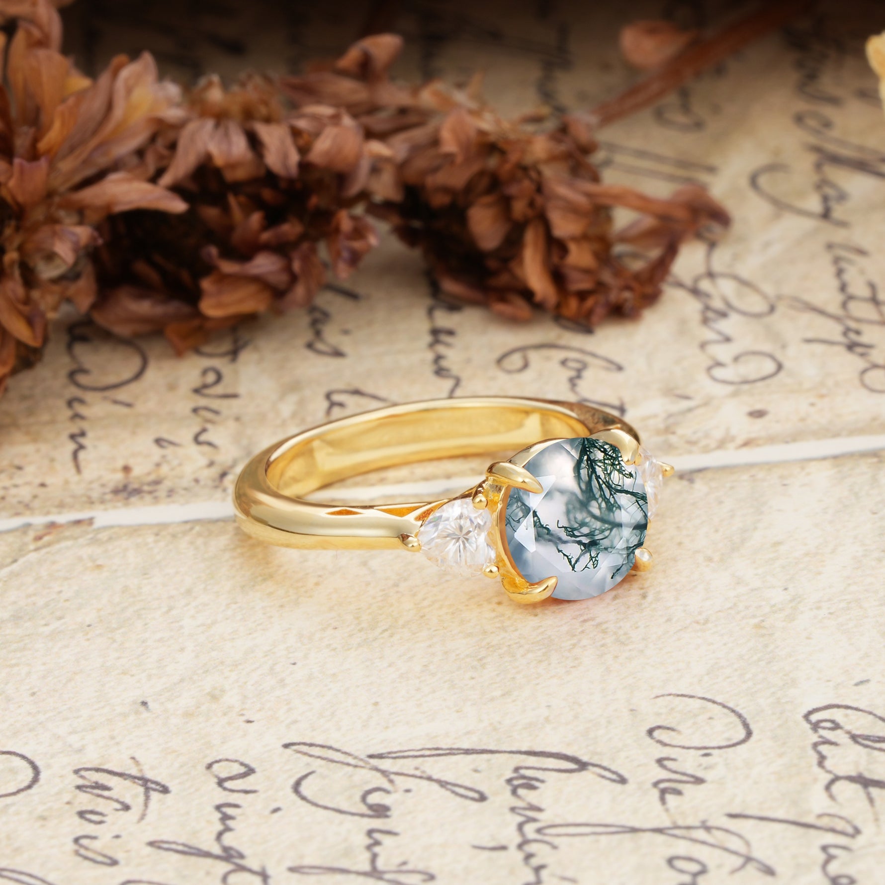 Minimalist 4-Prong Round Cut Moss Agate Three Stones Wedding Ring - Additional view