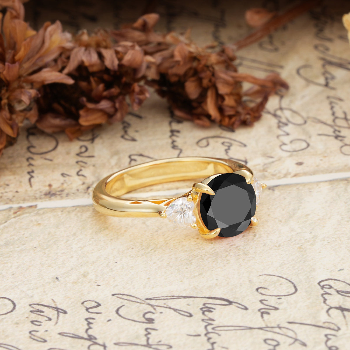 Minimalist 4-Prong Round Cut Black Onyx Three Stones Wedding Ring - Additional view