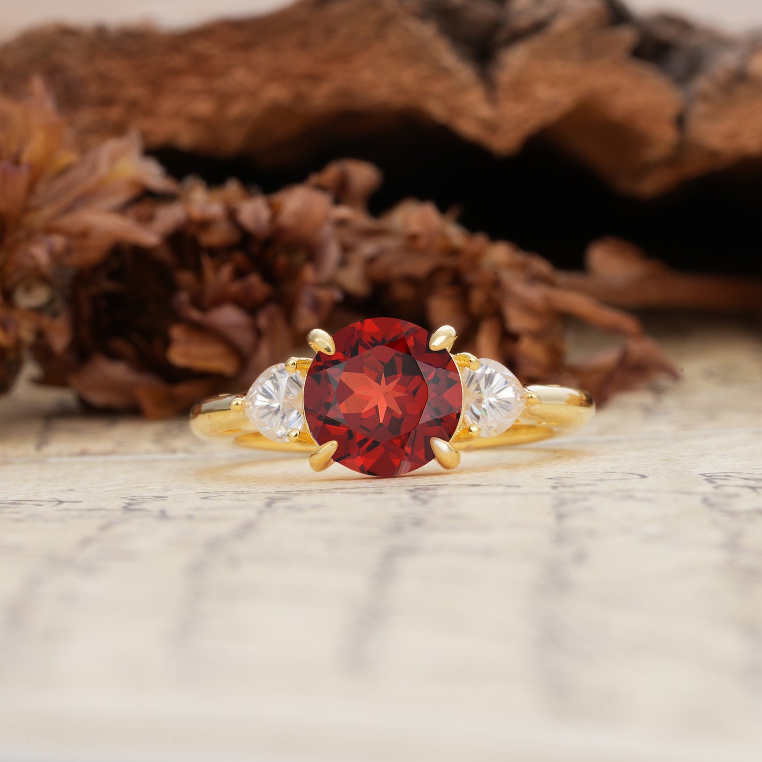 Minimalist 4-Prong Round Cut Garnet Three Stones Wedding Ring - Additional view