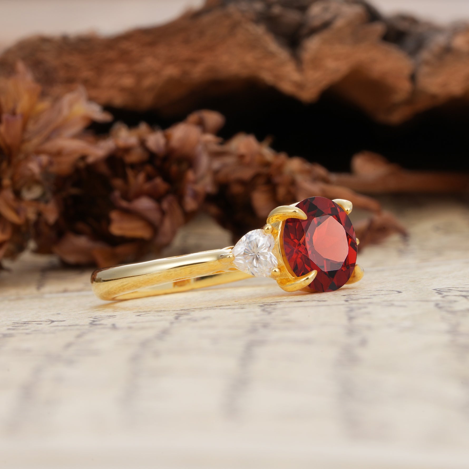 Minimalist 4-Prong Round Cut Garnet Three Stones Wedding Ring - Additional view